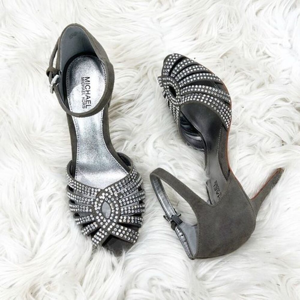 NWT Michael Kors Mina Gray Suede Rhinestone Sandal 6